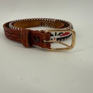 Southwestern Cowhide Beaded & Lace Leather Brown Belt Sz 34‎ Aztec 38" Length